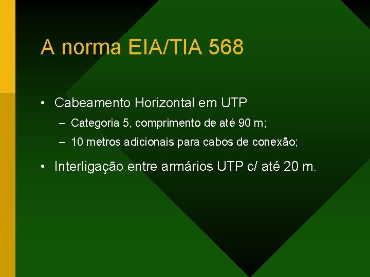 A norma EIA/TIA 568 • Cabeamento Horizontal em UTP – Categoria 5, comprimento de