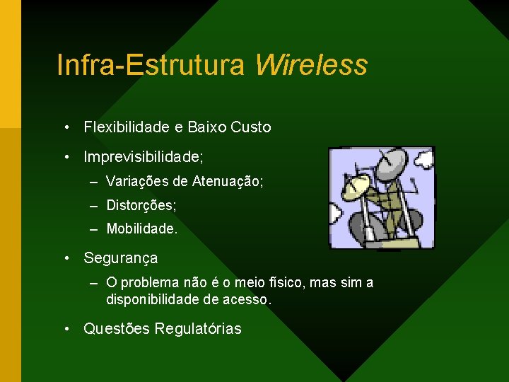 Infra-Estrutura Wireless • Flexibilidade e Baixo Custo • Imprevisibilidade; – Variações de Atenuação; –