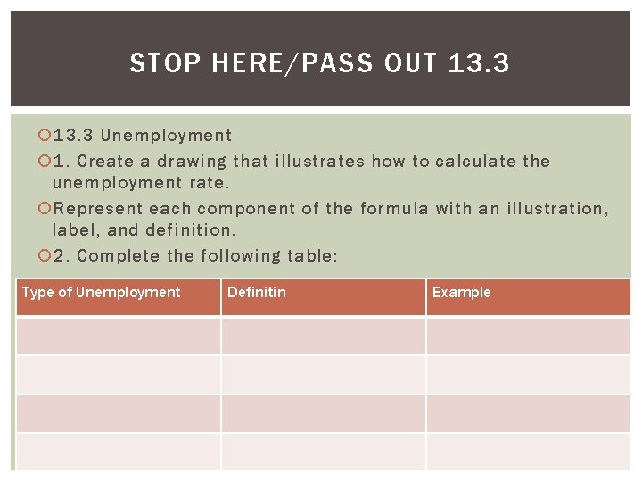 STOP HERE/PASS OUT 13. 3 Unemployment 1. Create a drawing that illustrates how to