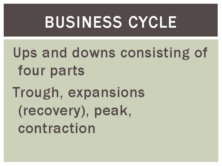 BUSINESS CYCLE Ups and downs consisting of four parts Trough, expansions (recovery), peak, contraction