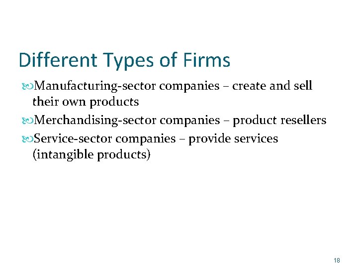 Different Types of Firms Manufacturing-sector companies – create and sell their own products Merchandising-sector