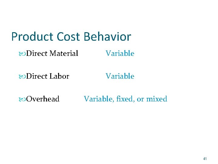 Product Cost Behavior Direct Material Variable Direct Labor Variable Overhead Variable, fixed, or mixed