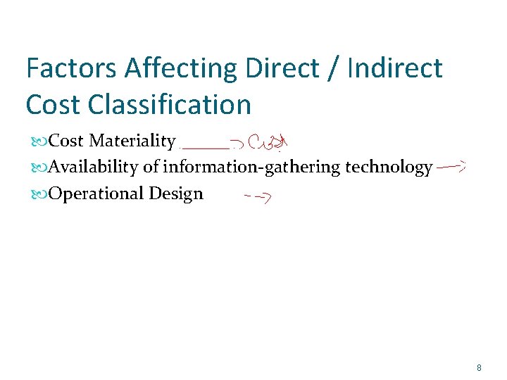 Factors Affecting Direct / Indirect Cost Classification Cost Materiality Availability of information-gathering technology Operational