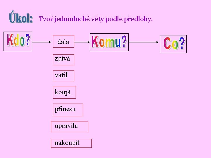 Tvoř jednoduché věty podle předlohy. dala zpívá vařil koupí přinesu upravila nakoupit 