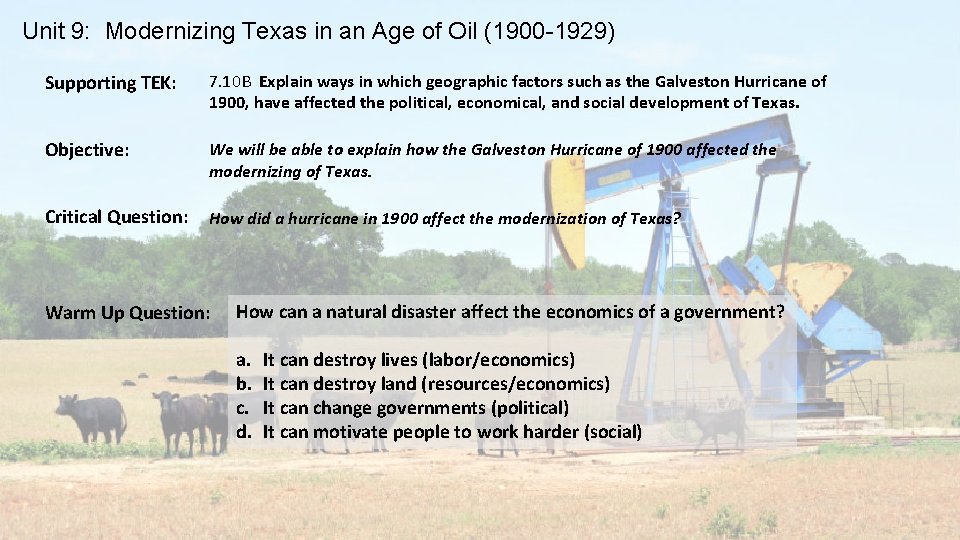 Unit 9: Modernizing Texas in an Age of Oil (1900 -1929) Supporting TEK: 7.