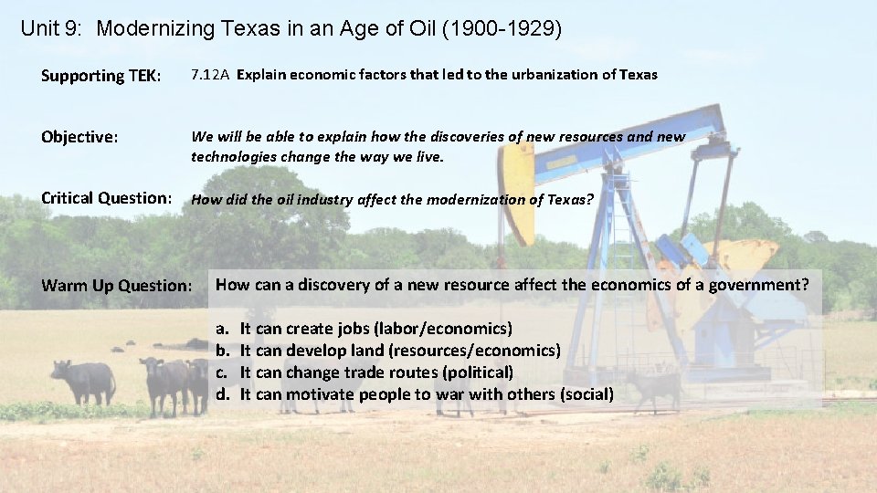 Unit 9: Modernizing Texas in an Age of Oil (1900 -1929) Supporting TEK: 7.