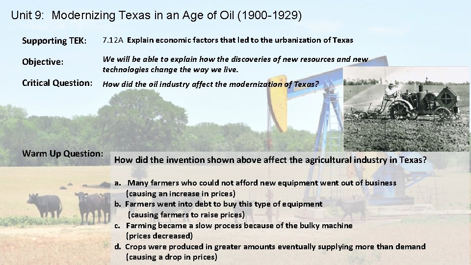 Unit 9: Modernizing Texas in an Age of Oil (1900 -1929) Supporting TEK: 7.