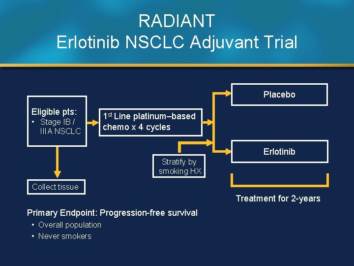 RADIANT Erlotinib NSCLC Adjuvant Trial Placebo Eligible pts: • Stage IB / IIIA NSCLC