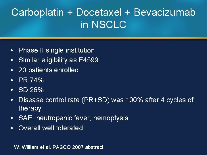 Carboplatin + Docetaxel + Bevacizumab in NSCLC • • • Phase II single institution