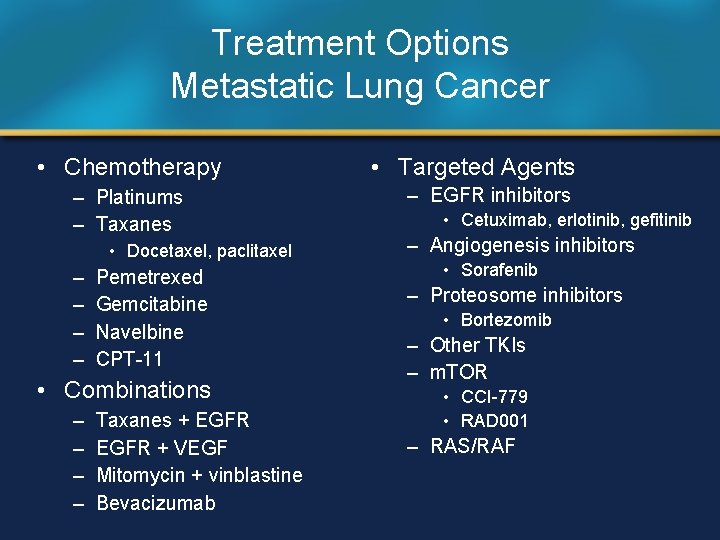 Treatment Options Metastatic Lung Cancer • Chemotherapy – Platinums – Taxanes • Docetaxel, paclitaxel