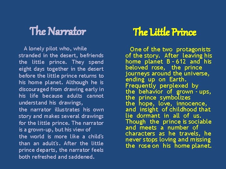 The Narrator A lonely pilot who, while stranded in the desert, befriends the little