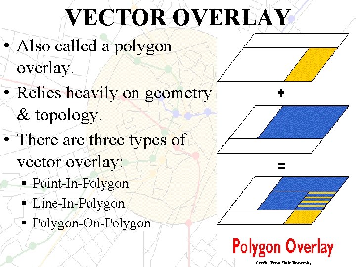 VECTOR OVERLAY • Also called a polygon overlay. • Relies heavily on geometry &