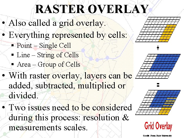 RASTER OVERLAY • Also called a grid overlay. • Everything represented by cells: §