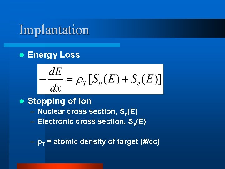 Implantation l Energy Loss l Stopping of Ion – Nuclear cross section, Sn(E) –