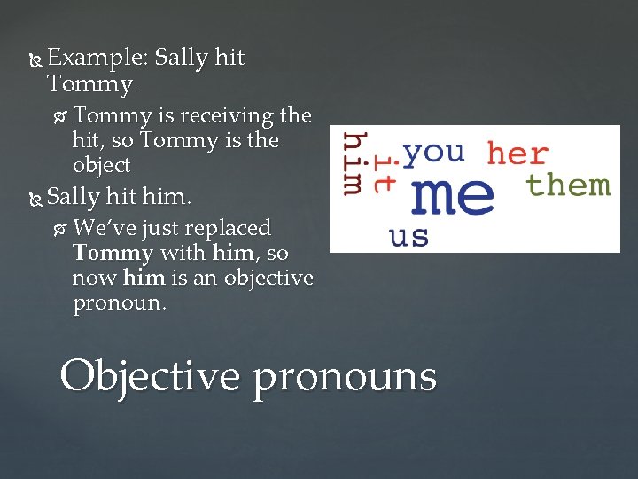  Example: Sally hit Tommy is receiving the hit, so Tommy is the object