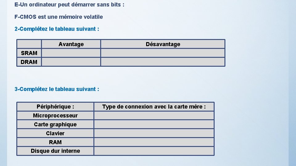 E-Un ordinateur peut démarrer sans bits : F-CMOS est une mémoire volatile 2 -Complétez