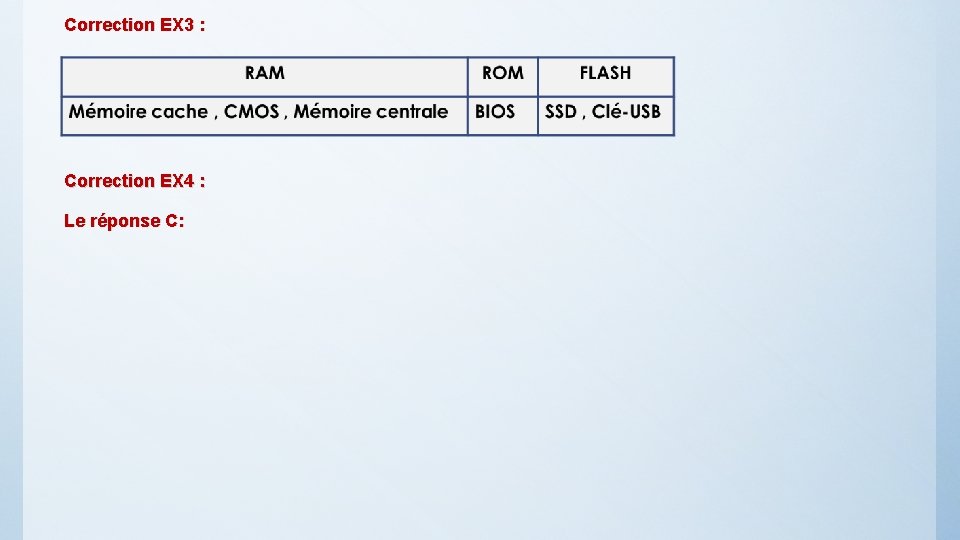 Correction EX 3 : Correction EX 4 : Le réponse C: 