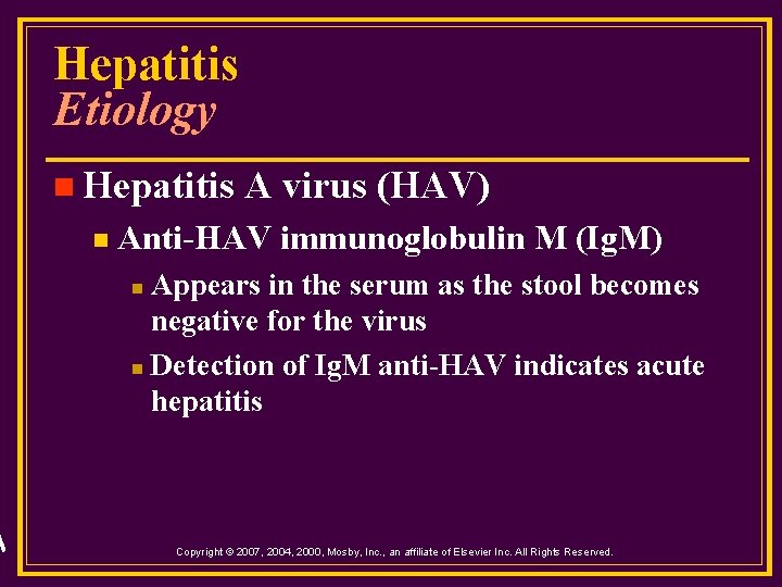 Hepatitis Etiology n Hepatitis n A virus (HAV) Anti-HAV immunoglobulin M (Ig. M) Appears