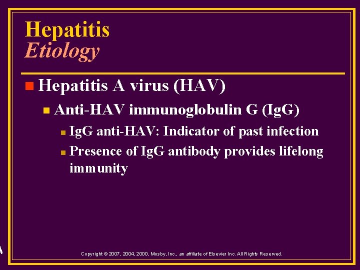 Hepatitis Etiology n Hepatitis n A virus (HAV) Anti-HAV immunoglobulin G (Ig. G) Ig.