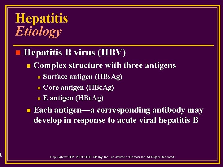 Hepatitis Etiology n Hepatitis B virus (HBV) n Complex structure with three antigens n