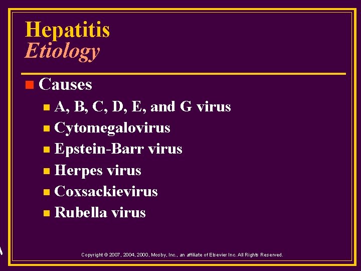 Hepatitis Etiology n Causes A, B, C, D, E, and G virus n Cytomegalovirus