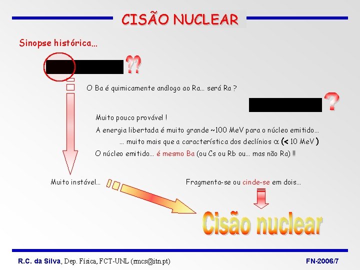 CISÃO NUCLEAR Sinopse histórica… O Ba é quimicamente análogo ao Ra… será Ra ?