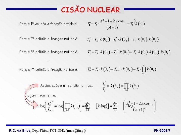 CISÃO NUCLEAR Para a 1ª colisão a fracção retida é… Para a 2ª colisão