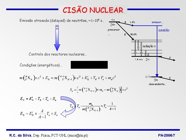 CISÃO NUCLEAR Emissão atrasada (delayed) de neutrões, ~1 103 s… emissor… precursor neutrão …