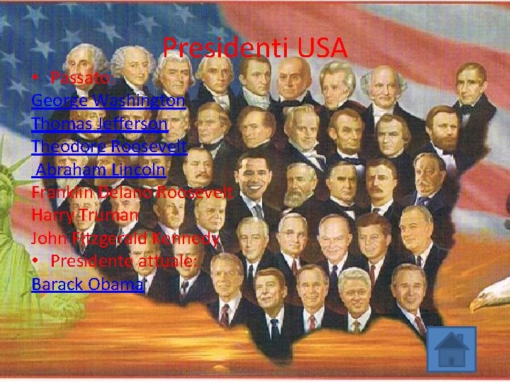 Presidenti USA • Passato: George Washington Thomas Jefferson Theodore Roosevelt Abraham Lincoln Franklin Delano