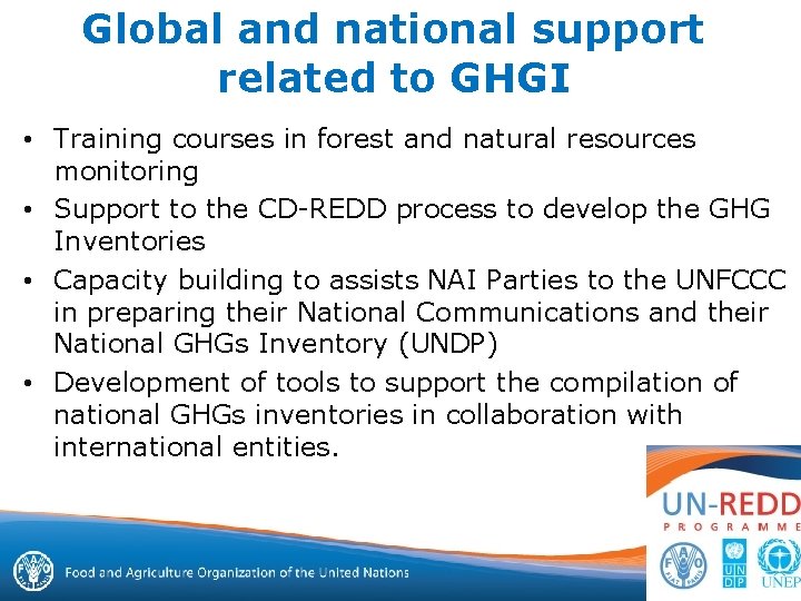 Global and national support related to GHGI • Training courses in forest and natural