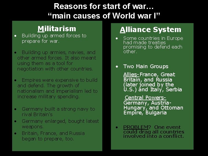 Reasons for start of war… “main causes of World war I” • • •