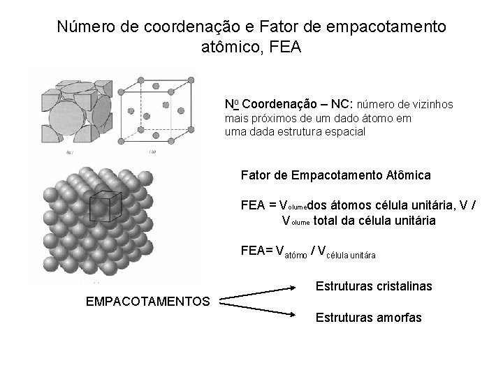Número de coordenação e Fator de empacotamento atômico, FEA No Coordenação – NC: número