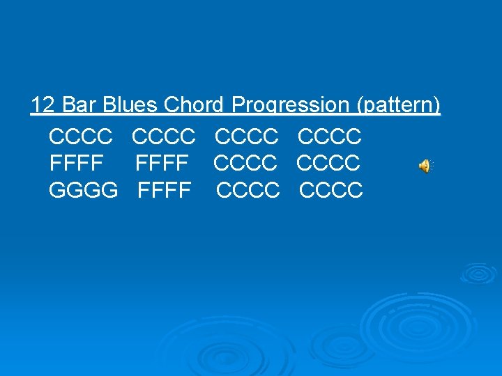 12 Bar Blues Chord Progression (pattern) CCCC FFFF CCCC GGGG FFFF CCCC 