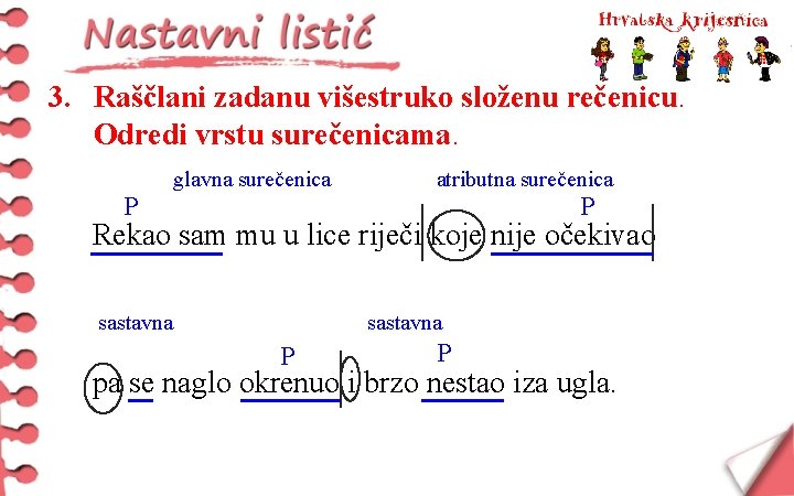 3. Raščlani zadanu višestruko složenu rečenicu. Odredi vrstu surečenicama. glavna surečenica atributna surečenica P