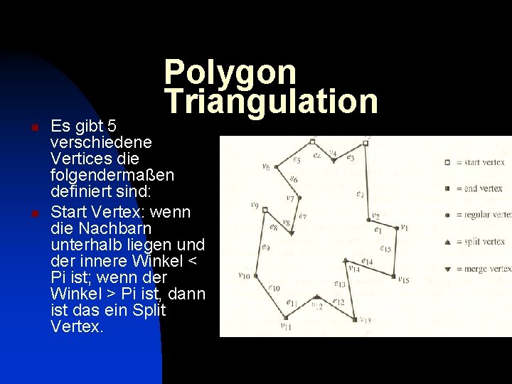 Polygon Triangulation n n Es gibt 5 verschiedene Vertices die folgendermaßen definiert sind: Start