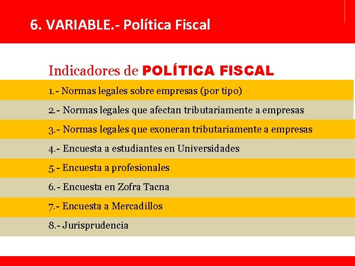 6. VARIABLE. - Política Fiscal Indicadores de POLÍTICA FISCAL 1. - Normas legales sobre