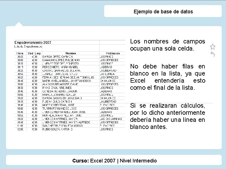 Ejemplo de base de datos Los nombres de campos ocupan una sola celda. No