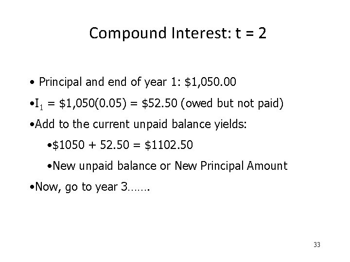 Compound Interest: t = 2 • Principal and end of year 1: $1, 050.
