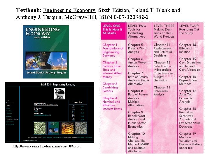 Textbook: Engineering Economy, Sixth Edition, Leland T. Blank and Anthony J. Tarquin, Mc. Graw-Hill,