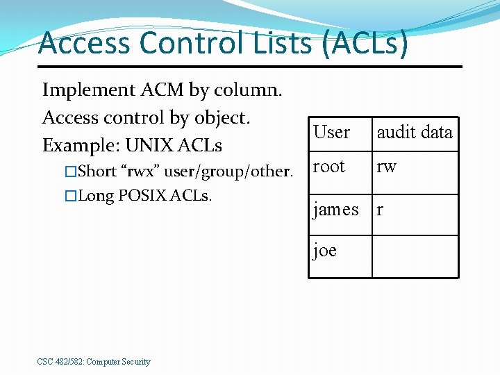 Access Control Lists (ACLs) Implement ACM by column. Access control by object. Example: UNIX