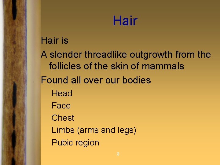 Hair is A slender threadlike outgrowth from the follicles of the skin of mammals