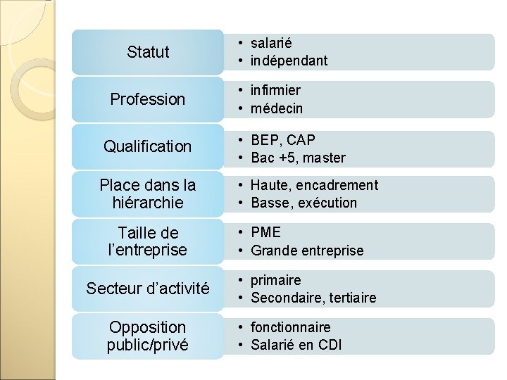 Statut Profession • salarié • indépendant • infirmier • médecin Qualification • BEP, CAP Statut Profession • salarié • indépendant • infirmier • médecin Qualification • BEP, CAP
