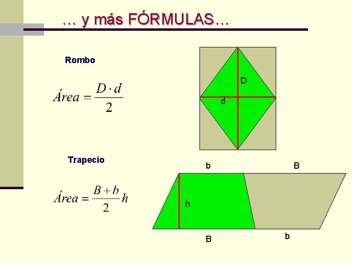 … y más FÓRMULAS… Rombo D d Trapecio b B h B b 