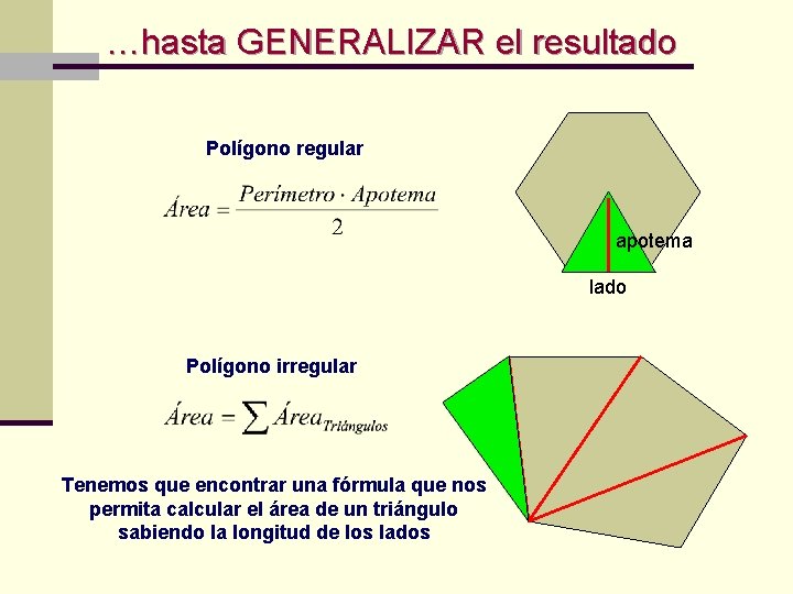 …hasta GENERALIZAR el resultado Polígono regular apotema lado Polígono irregular Tenemos que encontrar una