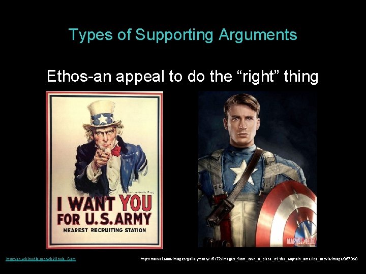 Types of Supporting Arguments Ethos-an appeal to do the “right” thing http: //en. wikipedia.