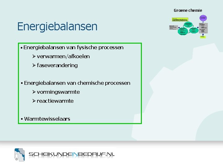 Groene chemie Energiebalansen • Energiebalansen van fysische processen Ø verwarmen/afkoelen Ø faseverandering • Energiebalansen Groene chemie Energiebalansen • Energiebalansen van fysische processen Ø verwarmen/afkoelen Ø faseverandering • Energiebalansen