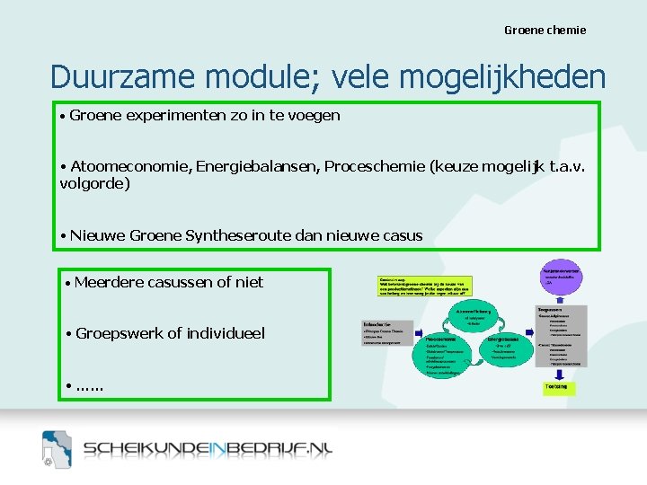 Groene chemie Duurzame module; vele mogelijkheden • Groene experimenten zo in te voegen • Groene chemie Duurzame module; vele mogelijkheden • Groene experimenten zo in te voegen •