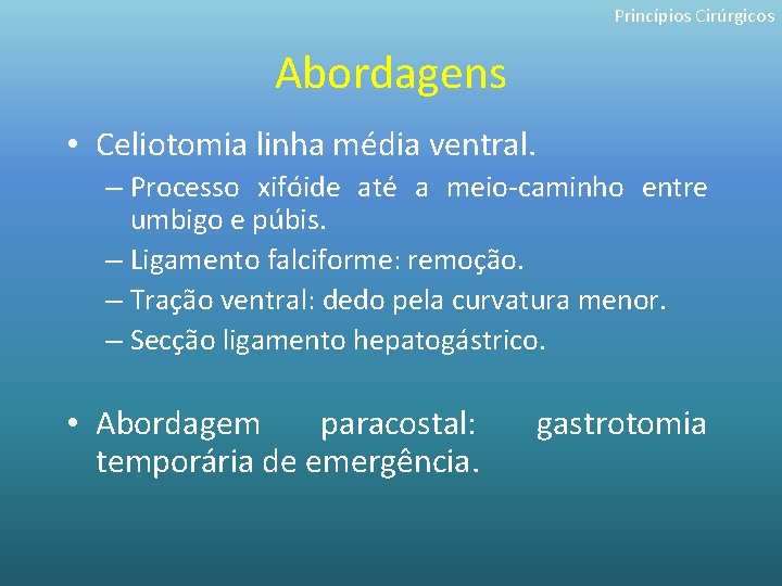 Princípios Cirúrgicos Abordagens • Celiotomia linha média ventral. – Processo xifóide até a meio-caminho