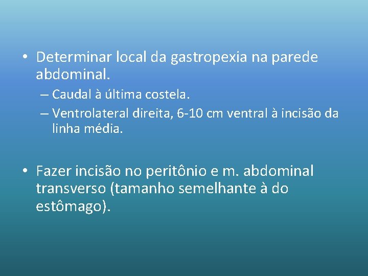  • Determinar local da gastropexia na parede abdominal. – Caudal à última costela.