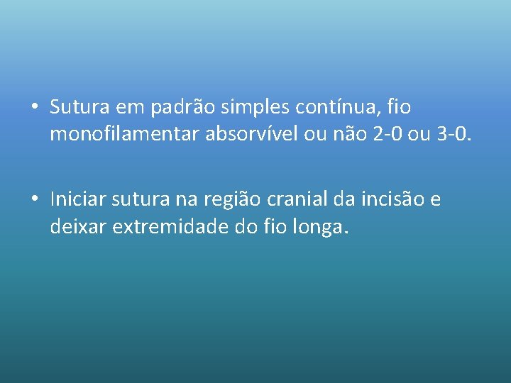  • Sutura em padrão simples contínua, fio monofilamentar absorvível ou não 2 -0